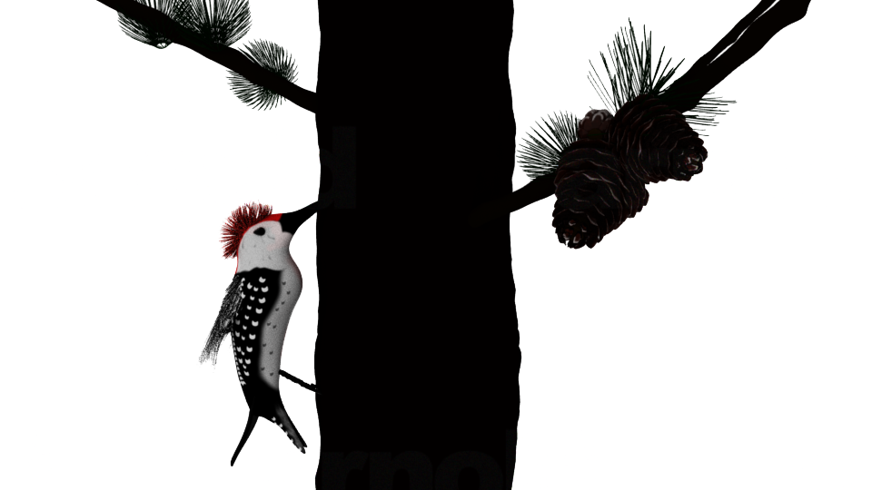 3D model of a red-bellied woodpecker near a tree with pine cones.